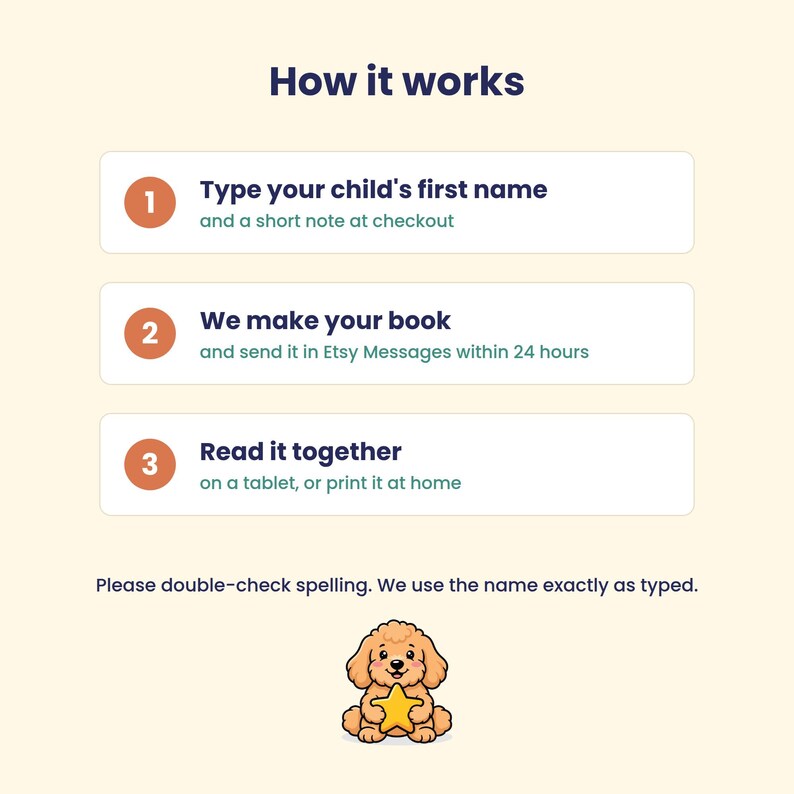 Peut inclure: Un graphique explicatif intitul&eacute; How it works avec trois &eacute;tapes num&eacute;rot&eacute;es. &Eacute;tape 1 : Type your child's first name and a short note at checkout. &Eacute;tape 2 : We make your book and send it in Etsy Messages within 24 hours. &Eacute;tape 3 : Read it together on a tablet, or print it at home. Inclut un chiot dessin anim&eacute; tenant une &eacute;toile jaune.