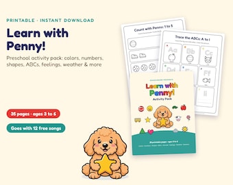 Puede incluir: Un paquete de actividades preescolares imprimible titulado Learn with Penny que presenta un cachorro de dibujos animados sosteniendo una estrella amarilla. El set incluye hojas de trabajo para contar, trazar letras e identificar formas, colores y animales para niños de 3 a 6 años.