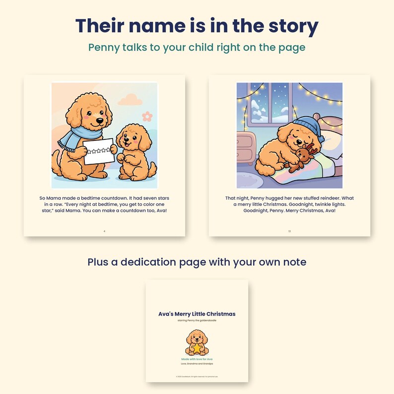 K&ouml;nnte beinhalten: Ein Kinderbuch mit Illustrationen eines goldenen Welpen namens Penny. Die Seiten zeigen Penny mit einem Countdown-Diagramm und einem Stoffrentier. Das Cover tr&auml;gt den Titel Ava's Merry Little Christmas mit Penny dem Goldendoodle.