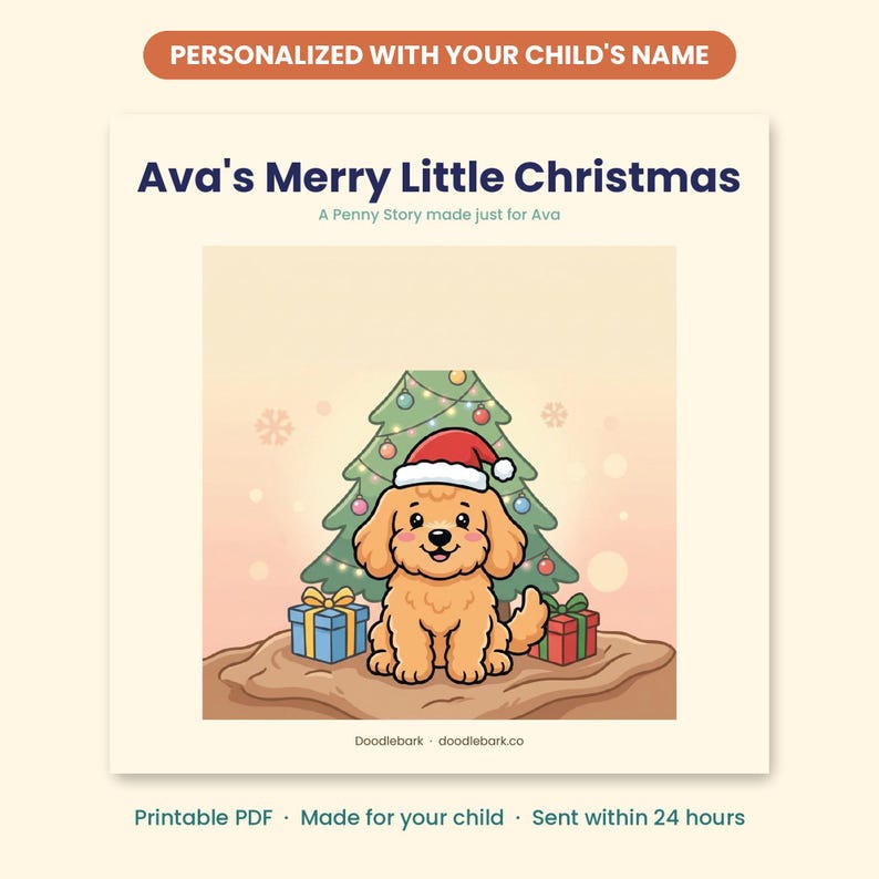 K&ouml;nnte beinhalten: Ein personalisiertes Kinderbuchcover mit dem Titel Ava's Merry Little Christmas, A Penny Story made just for Ava. Die Illustration zeigt einen goldenen Welpen mit roter Weihnachtsm&uuml;tze vor einem geschm&uuml;ckten Weihnachtsbaum und zwei Geschenken.