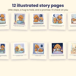 Pode incluir: Um conjunto de 12 p&aacute;ginas de hist&oacute;ria ilustradas com cachorros dourados em estilo cartoon em v&aacute;rias cenas de quarto. O texto no topo diz 12 illustrated story pages. Little steps, a hug to hold, and a promise: I'll check on you.