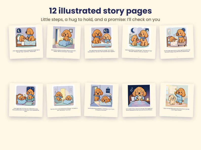 Pode incluir: Um conjunto de 12 p&aacute;ginas de hist&oacute;ria ilustradas com cachorros dourados em estilo cartoon em v&aacute;rias cenas de quarto. O texto no topo diz 12 illustrated story pages. Little steps, a hug to hold, and a promise: I'll check on you.