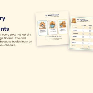 Puede incluir: Dos tablas educativas con un perro de dibujos animados llamado Penny. La tabla izquierda, Try It With Penny, muestra tres pasos para noches secas. La tabla derecha, Dry Night Stars, es un rastreador semanal con columnas para pasos y d&iacute;as.