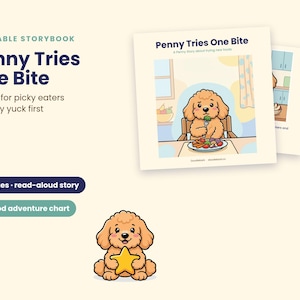 Puede incluir: Un libro de cuentos imprimible titulado Penny Tries One Bite, una historia para comedores exigentes que dicen guácala primero. El libro muestra un caniche de dibujos animados comiendo verduras. Incluye 19 páginas y una tabla de aventuras alimentarias.