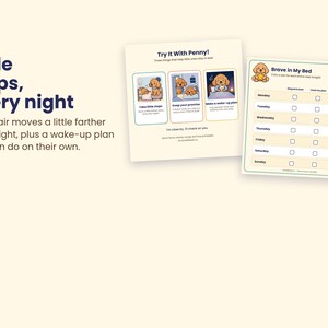 Pode incluir: Dois cart&otilde;es instrutivos quadrados com fundos creme e texto azul escuro. Um cart&atilde;o intitulado Try It With Penny apresenta tr&ecirc;s ilustra&ccedil;&otilde;es de um c&atilde;o. O segundo cart&atilde;o intitulado Brave in My Bed &eacute; uma tabela de acompanhamento semanal.