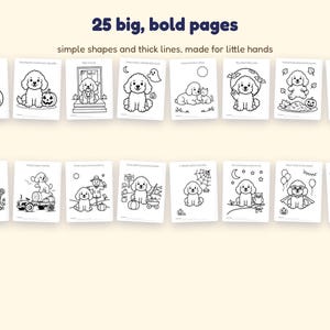Puede incluir: Un conjunto de 25 p&aacute;ginas para colorear con ilustraciones de l&iacute;neas en blanco y negro de cachorros en varios temas estacionales. El texto en la parte superior dice 25 big, bold pages y simple shapes and thick lines, made for little hands.