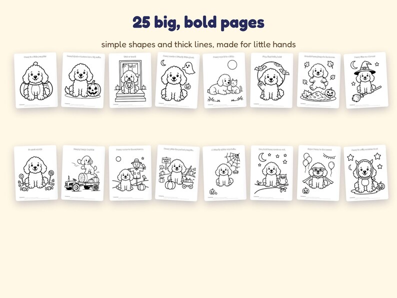 Puede incluir: Un conjunto de 25 p&aacute;ginas para colorear con ilustraciones de l&iacute;neas en blanco y negro de cachorros en varios temas estacionales. El texto en la parte superior dice 25 big, bold pages y simple shapes and thick lines, made for little hands.