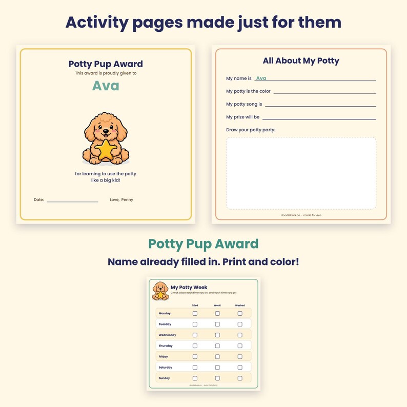 Peut inclure: Trois pages d'activit&eacute;s imprimables pour enfants comprenant un certificat Potty Pup Award avec un chiot dessin anim&eacute; tenant une &eacute;toile, une fiche &agrave; remplir All About My Potty et un tableau de suivi My Potty Week avec des cases &agrave; cocher.