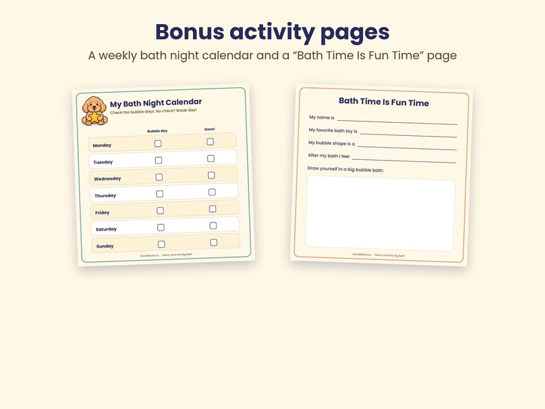 May include: Two activity pages titled Bonus activity pages. The left page is a My Bath Night Calendar with a puppy illustration and weekly checkboxes. The right page is titled Bath Time Is Fun Time with fill-in-the-blank lines and a drawing box.