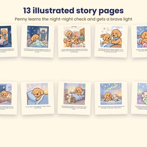 Puede incluir: Trece p&aacute;ginas de historia ilustradas tituladas 13 illustrated story pages y Penny learns the night-night check and gets a brave light. Las p&aacute;ginas presentan coloridos dibujos animados de un cachorro dorado en varias escenas de dormitorio.