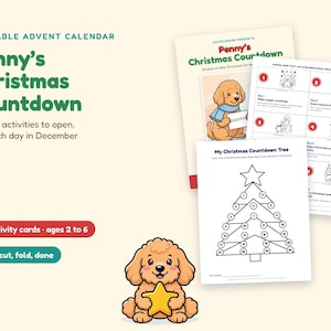 May include: A printable advent calendar titled Penny's Christmas Countdown featuring 24 activity cards for children. The set includes a page with a Christmas tree graphic for counting down days and illustrated activity sheets with a cartoon puppy.