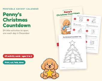 Puede incluir: Un calendario de adviento imprimible titulado Penny's Christmas Countdown con 24 tarjetas de actividades para niños. El set incluye una página con un gráfico de árbol de Navidad para la cuenta regresiva y hojas ilustradas con un cachorro.
