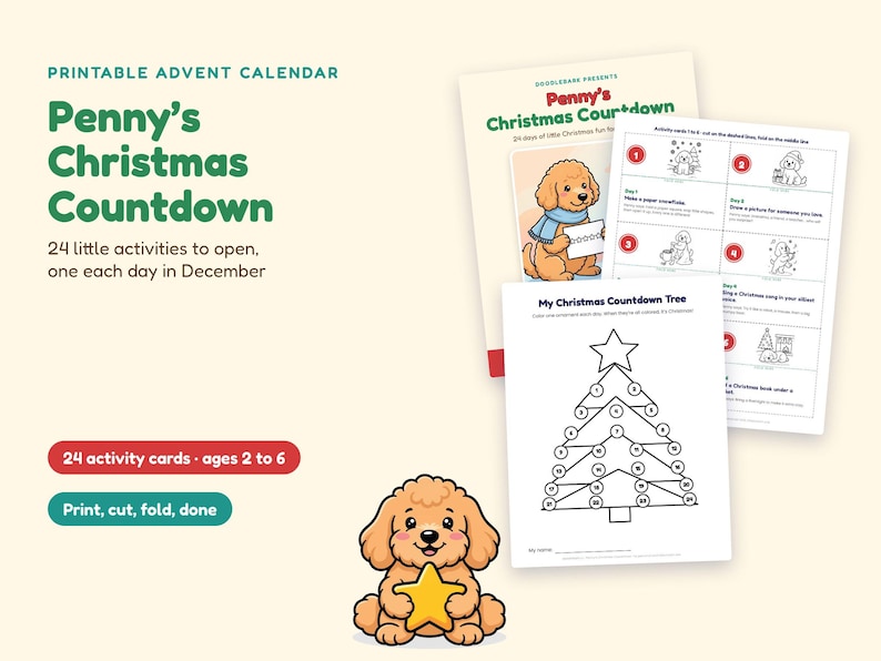 May include: A printable advent calendar titled Penny's Christmas Countdown featuring 24 activity cards for children. The set includes a page with a Christmas tree graphic for counting down days and illustrated activity sheets with a cartoon puppy.