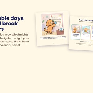 May include: A children's book page featuring a brown poodle placing a blue bubble sticker on a calendar. The text reads Bubble days and break days, Penny put the bubbles on the calendar herself, and Try It With Penny with three illustrated steps.