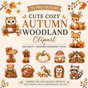 Puede incluir: Una colección digital de 25 diseños PNG con temas de bosque otoñal. Las ilustraciones incluyen un búho, ciervo, zorro, oso, erizo, mapache, pájaro, calabaza, seta, linterna, letrero de madera y una cesta, decorados con hojas de otoño.