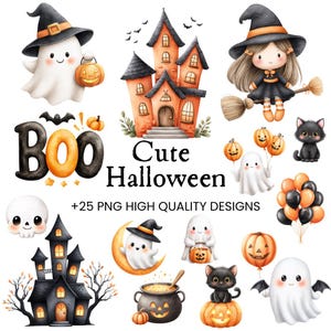 Puede incluir: Una colección digital de ilustraciones con temática de Halloween que incluye fantasmas, una bruja en escoba, casas encantadas, gatos negros, calabazas y un caldero. El texto dice "BOO", "Cute Halloween" y "+25 PNG HIGH QUALITY DESIGNS".