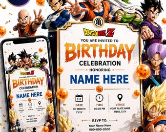 Dragon Ball Z Geburtstagseinladung, bearbeitbare Canva-Vorlage, Anime-Partyeinladung (Digitaler Download)