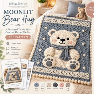 Moonlit Bear Hug Crochet Blanket Pattern, 3D Applique Throw (PDF Download)