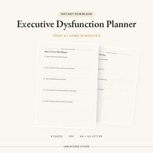May include: A digital Executive Dysfunction Planner document with a cream background and dark text. The page features a How To Use This Planner section with five numbered steps and a Color Key section. The text includes 6 PAGES, PDF, A4 + US LETTER.