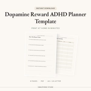 May include: A digital Dopamine Reward ADHD Planner template with six pages in PDF format, including A4 and US Letter sizes. The document features a How This Planner Works page and a Daily Time Block grid, all presented in a clean, minimalist layout.