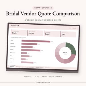 May include: A digital bridal vendor quote comparison dashboard template for Excel, Numbers, and Google Sheets. The interface displays a budget summary, category bar charts, and a circular donut chart with a total budget of £17,765 in soft pink tones.