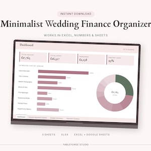 May include: A digital wedding finance organiser dashboard displayed on a screen, featuring a bar chart for vendor costs, a donut chart for total budget, and summary boxes showing a total budget of £17,765, total spent of £16,527, and £1,238 remaining.
