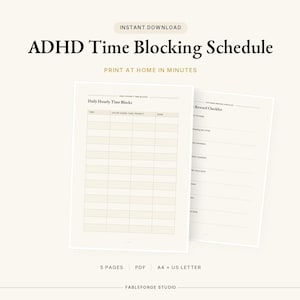 May include: A digital ADHD Time Blocking Schedule planner template with a cream background and black text. The document features a Daily Hourly Time Blocks grid with columns for time, color-coded task priority, and done, alongside a reward checklist.