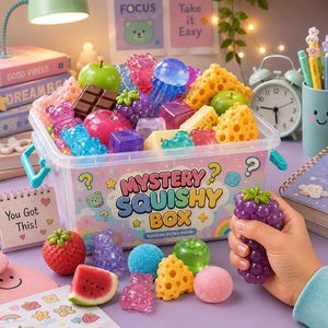 May include: A clear plastic storage container labeled Mystery Squishy Box filled with various colorful, soft, squishy toys shaped like fruits, gummy bears, cheese, and chocolate. A hand holds a purple grape-shaped squishy toy in the foreground.