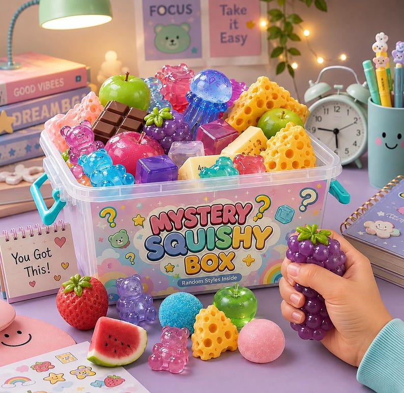 May include: A clear plastic storage container labeled Mystery Squishy Box filled with various colorful, soft, squishy toys shaped like fruits, gummy bears, cheese, and chocolate. A hand holds a purple grape-shaped squishy toy in the foreground.