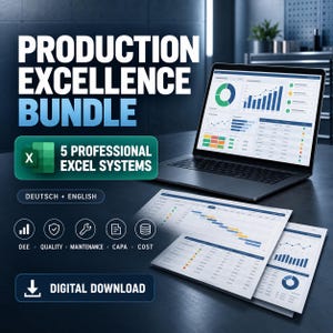 Excel-sjabloonpakket voor de productie | OEE-dashboard, kwaliteit, onderhoud, 8D CAPA en afvalkostenregistratie | Duits + Engels