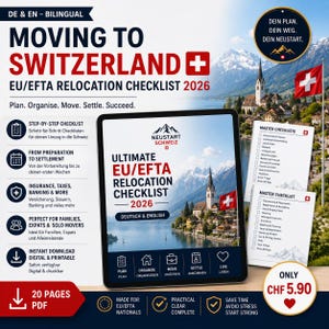 Könnte beinhalten: Ein digitaler Umzugsratgeber mit dem Titel Moving to Switzerland EU/EFTA Relocation Checklist 2026, bestehend aus einem Tablet mit dem Titelbild, zwei ausgedruckten Checklisten sowie Symbolen zum Planen, Organisieren, Umziehen und Ankommen.