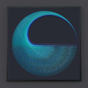 May include: A square wall art piece featuring a circular string art design. The artwork uses vibrant teal, turquoise, and deep blue threads stretched across a dark background to create a swirling, wave-like pattern within a thin black frame.
