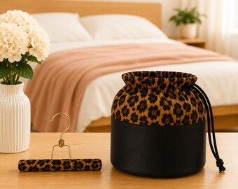 Leopard Luxe Hair Storage Bag with Hanger | Handmade Drawstring Organizer