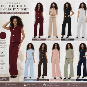 May include: A textured button top and wide leg trousers set available in wine, beige, black, dove grey, sky blue, chocolate, baby pink, sage, and navy. The set features a short-sleeved button-down top and matching wide-leg trousers in a relaxed fit.