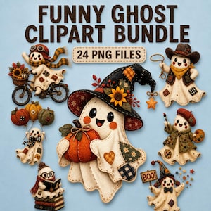 Op de afbeelding: Een digitale collectie getiteld FUNNY GHOST CLIPART BUNDLE 24 PNG FILES met diverse geïllustreerde geesten met patchwork texturen. De geesten zijn afgebeeld met pompoenen, zonnebloemen, boeken, een fiets en een cowboyhoed op een lichtblauwe achtergrond.