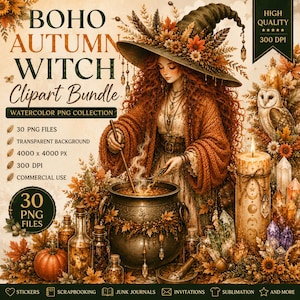 May include: A digital clipart bundle featuring a witch with long red hair wearing a large hat decorated with autumn leaves, stirring a cauldron. The image includes text: BOHO AUTUMN WITCH Clipart Bundle, 30 PNG FILES, 300 DPI, and other details.