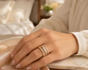 18K Gold Plated Cubic Zirconia Stacking Ring Set, 4 Dainty Bands for Women