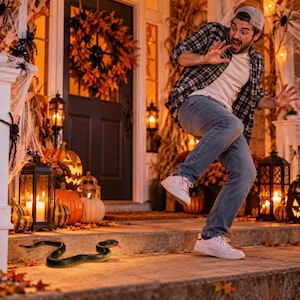 May include: A realistic green and black toy snake with a red tongue positioned on a concrete porch step, with a person in a plaid shirt and jeans reacting in surprise nearby, surrounded by Halloween decorations like pumpkins and lanterns.