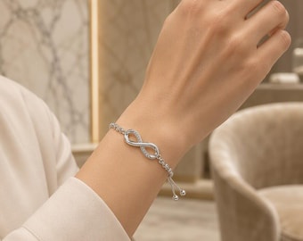 925 Sterling Silver Infinity Bracelet with Zirconia, Adjustable Bolo Chain, Anniversary Gift for Her | Everlume
