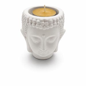 Teelichthalter in Buddha-Kopfform aus weißer Keramik | Dekorationsgefäß für Zen-Meditation