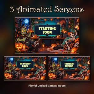 May include: Three animated screens for a gaming room featuring a green-skinned zombie and a skeleton playing video games in a room decorated with pumpkins, candles, and cobwebs. The screens display the text Starting Soon, Be Right Back, and Stream Ending.