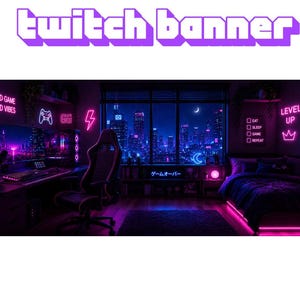 Pode incluir: Um banner digital para Twitch apresentando um quarto de jogos com iluminação neon roxa e azul. O quarto inclui uma mesa, cadeira gamer, cama e placas de parede com texto, incluindo Good Game, Good Vibes, Eat, Sleep, Game, Repeat, Level Up e Game Over.