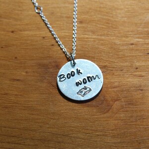 Bookworm Metal Stamped Necklace - Bookworm Necklace - Bookwork Gift Idea