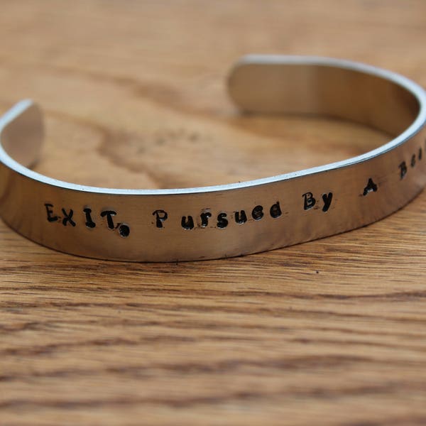 Shakespeare - The Winter's Tale Literary Quote Metal Stamped Cuff Bracelet - Exit, Pursued by a Bear