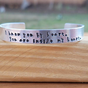 A Little Princess metal stamped quote cuff bracelet - &quot;I know you by heart.  You are inside my heart.&quot; - Frances Hodgson Burnett - bookworm