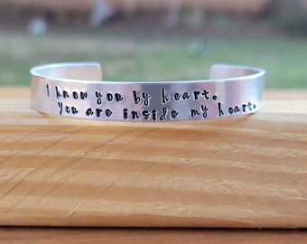 A Little Princess metal stamped quote cuff bracelet - "I know you by heart.  You are inside my heart." - Frances Hodgson Burnett - bookworm