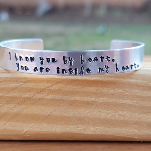 A Little Princess metal stamped quote cuff bracelet - "I know you by heart.  You are inside my heart." - Frances Hodgson Burnett - bookworm