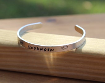 Bookworm Metal Stamped Cuff Bracelet -  Bookworm Jewelry - Metal stamped