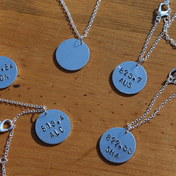 Custom Dewey Decimal System Author Metal Stamped Necklace - Literary Jewelry-  Librarian Gift