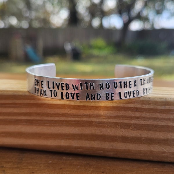 Edgar Allan Poe - Annabel Lee Metal Stamped Poetry Quote Cuff Bracelet - "she lived with no other thought" - literary jewelry